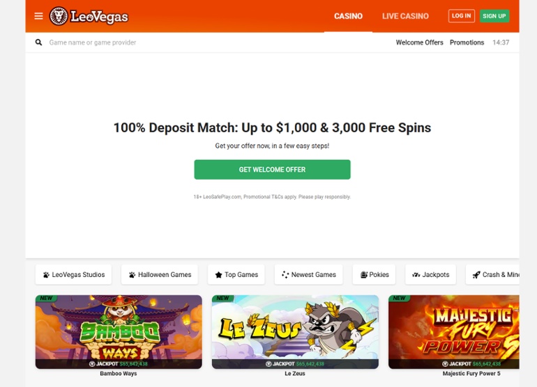LeoVegas casino homepage showing a welcome deposit of $1,000 + 3,000 free spins